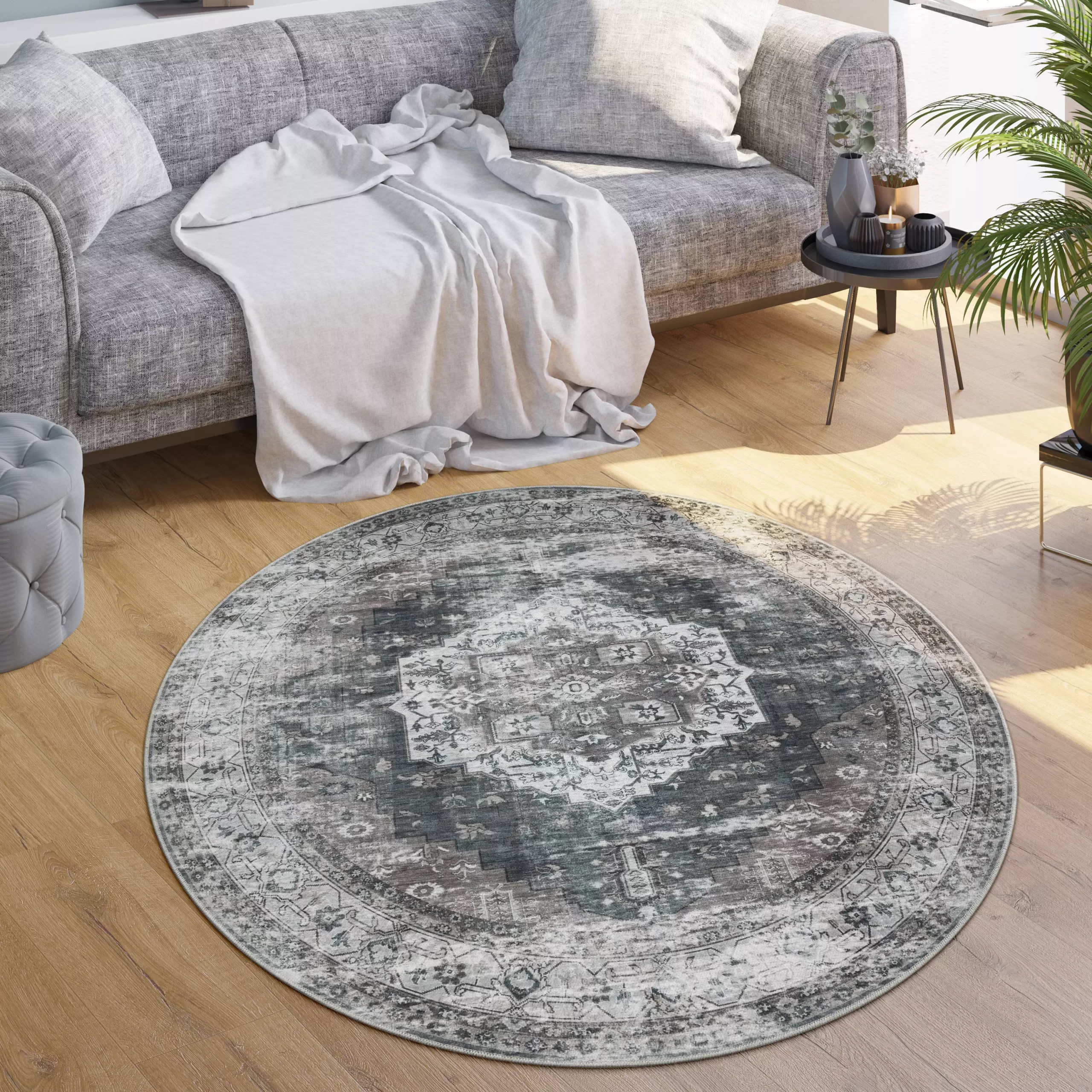 Waschbarer Teppich Leoni Grau 120 Cm Rund – Bild 4